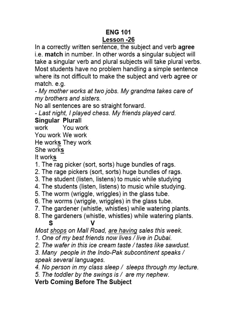 Lesson 26 | PDF | Grammatical Number | Subject (Grammar)