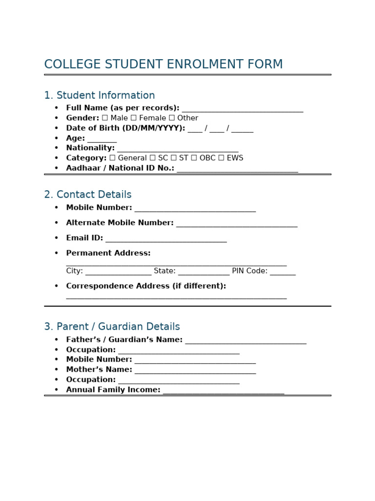 College Student Enrolment Form | PDF