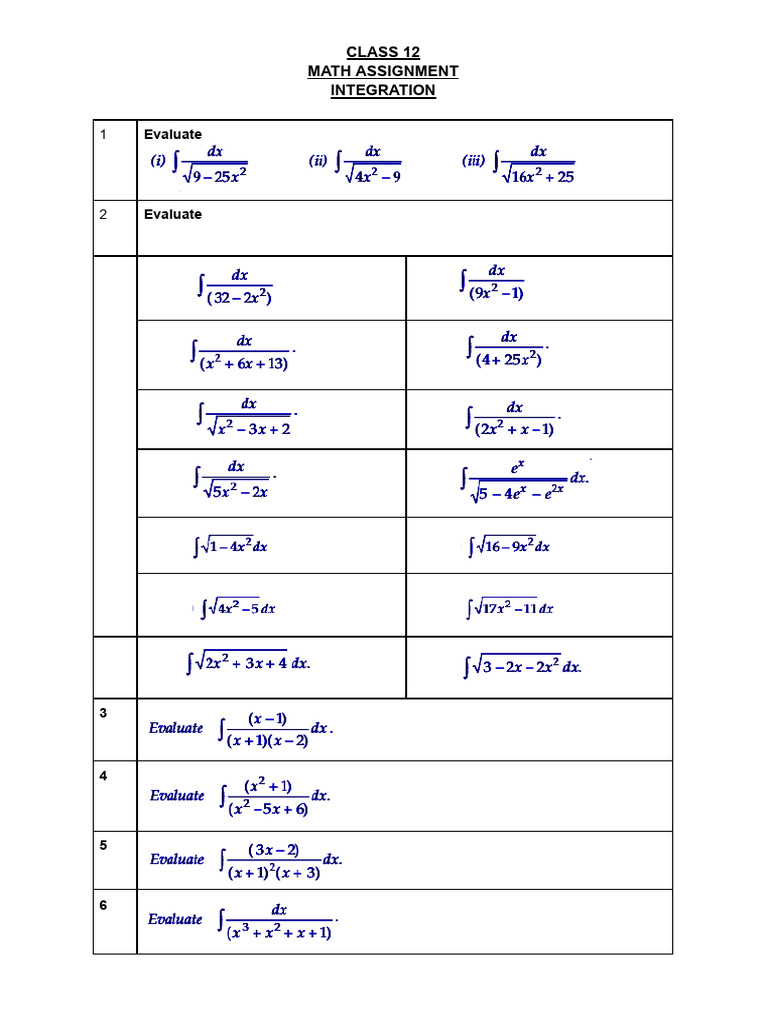 Class 12 INTEGRATION Assignment | PDF