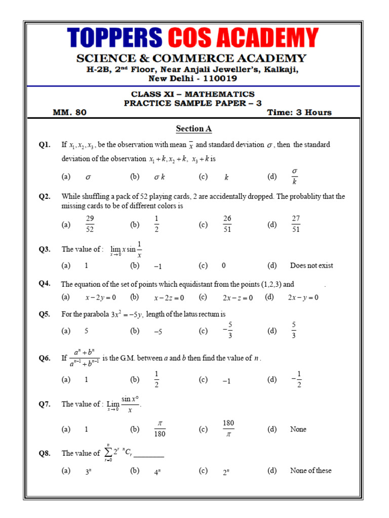 XI Maths Practice Sample Paper 3 | PDF | Geometry | Mathematics