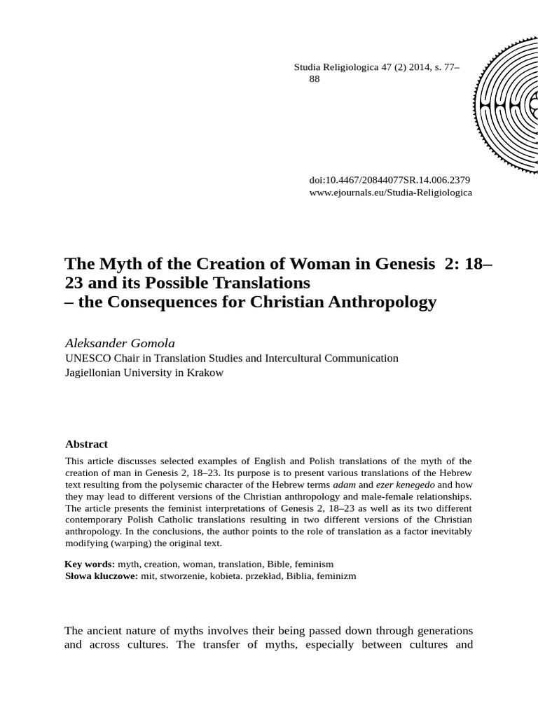 The Myth of the Creation of Woman in Genesis | PDF | Genesis Creation ...