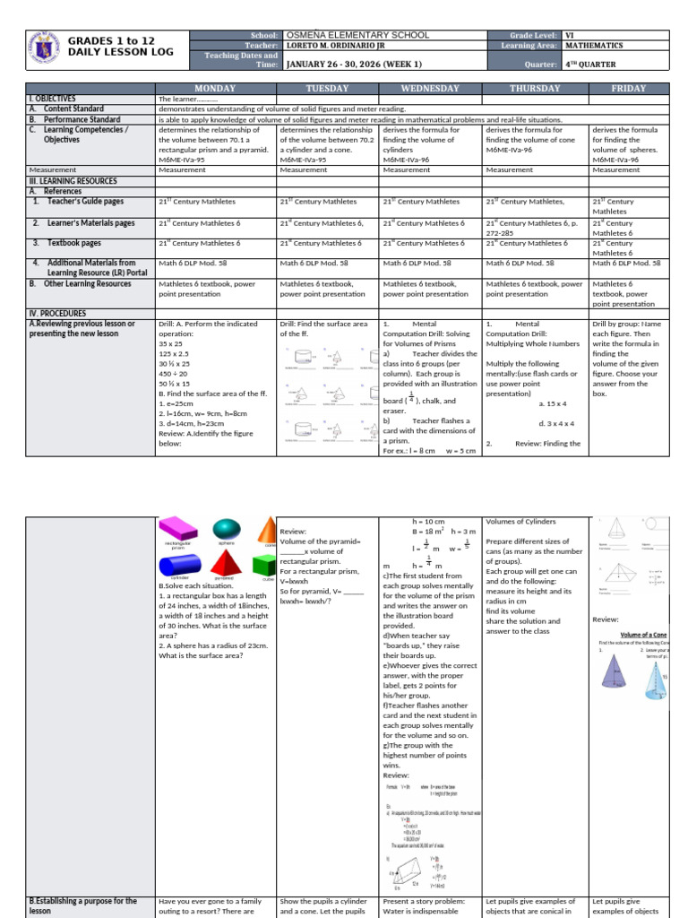 DTC - DLL - Mathematics 6 - Q4 - W1 | PDF | Area | Volume