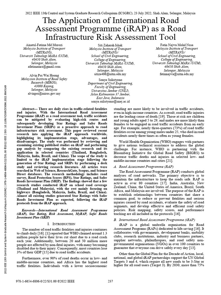 The Application of International Road Assessment Programme IRAP As A ...