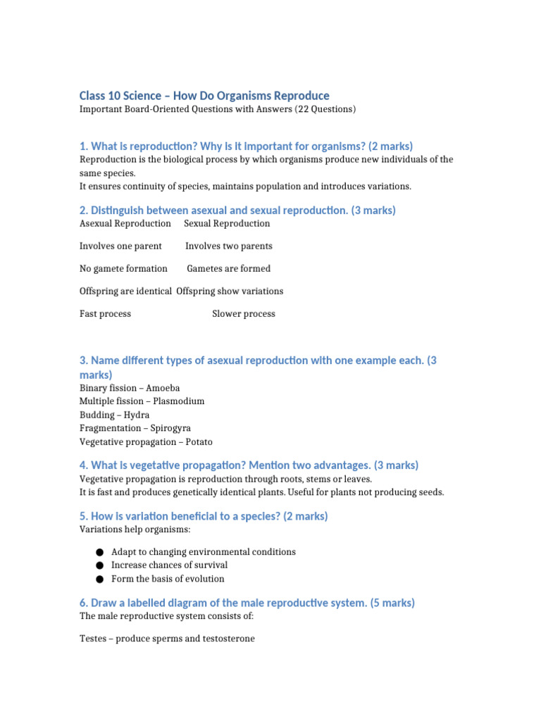Class 10 Reproduction 22 Important Questions | PDF | Reproduction ...