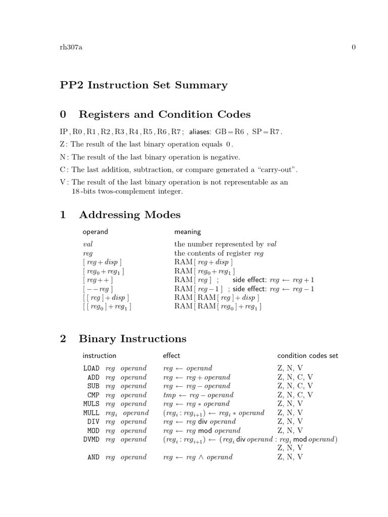 PP2 Instruction Set Summary-1 | PDF | Subtraction | Computer Architecture