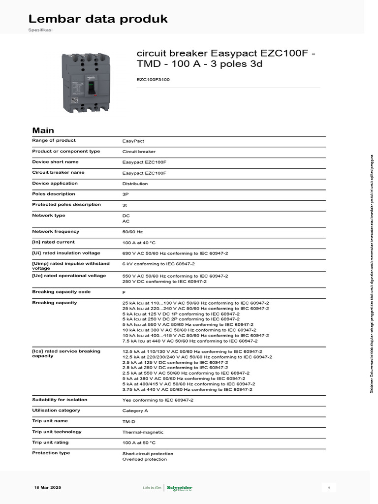 Schneider Electric EasyPact-EZC EZC100F3100 | PDF | Alternating Current ...