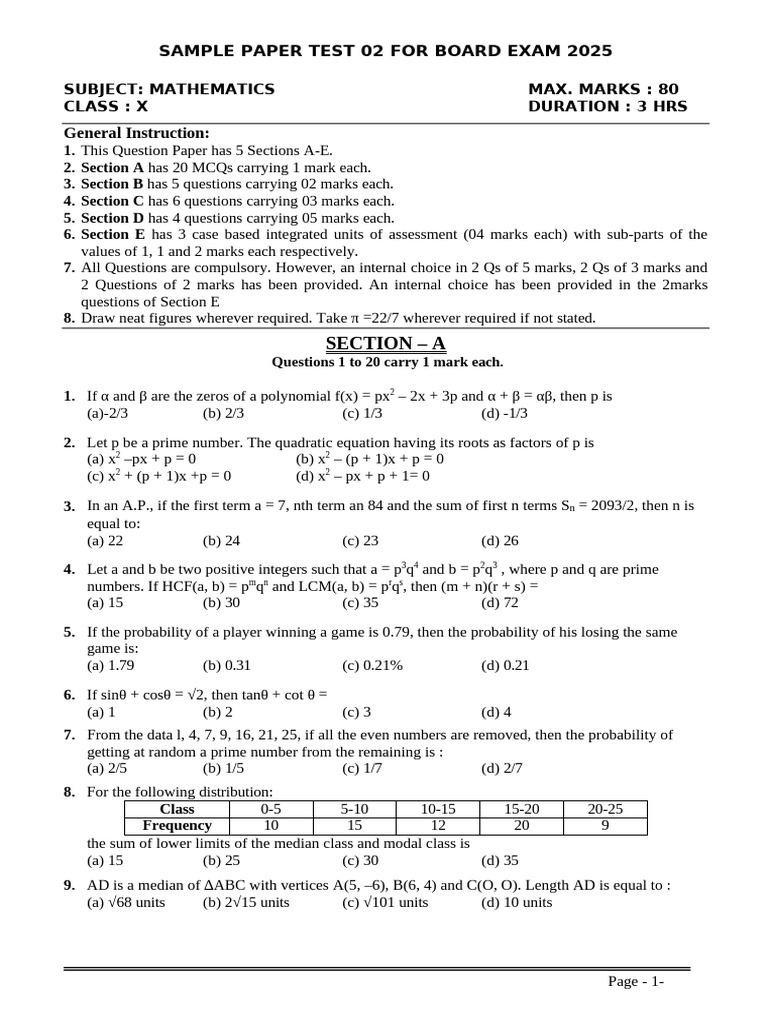 mathsclassxsamplepapertest02forboardexam2025qp | PDF | Circle ...