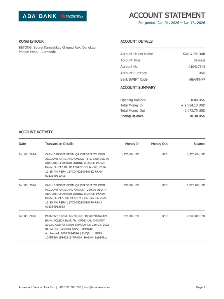 Statement 20260101 20260113 | PDF | United States Dollar | Banks