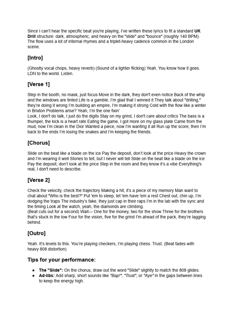 Write Me A Rap Lyrics To This UK Drill Beat | PDF | Song Structure ...
