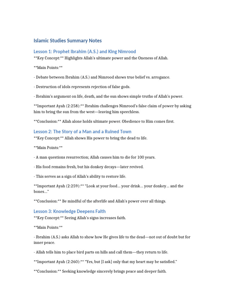 Islamic Studies Summary Notes | PDF | Patience | Abrahamic Religions