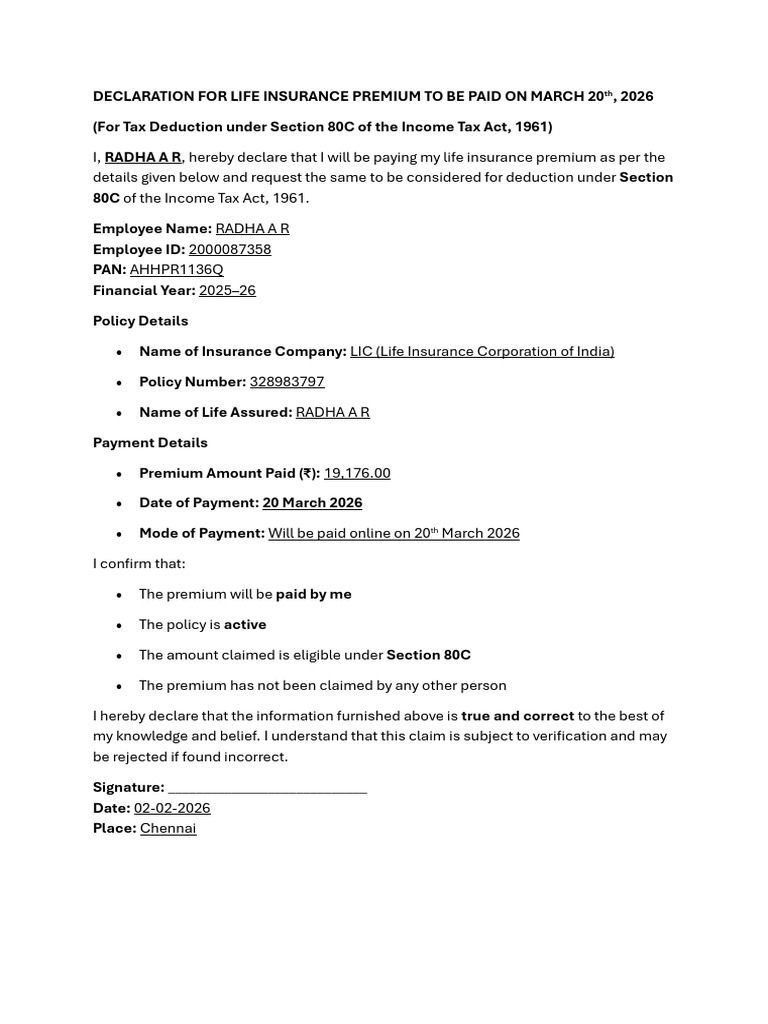 Declaration for Life Insurance Premium | PDF