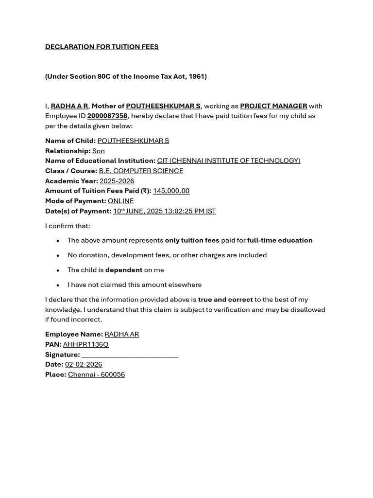Declaration For Tuition Fees | PDF