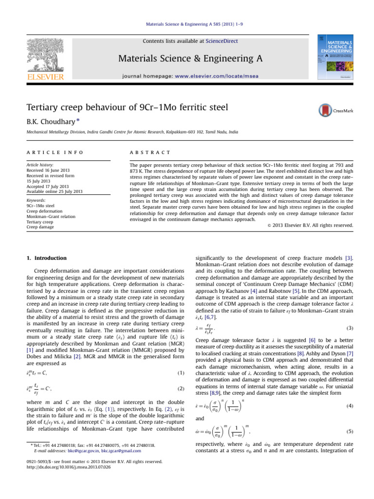 Tertiary Creep Behaviour of 9Cr–1Mo Ferritic Steel | PDF | Creep ...