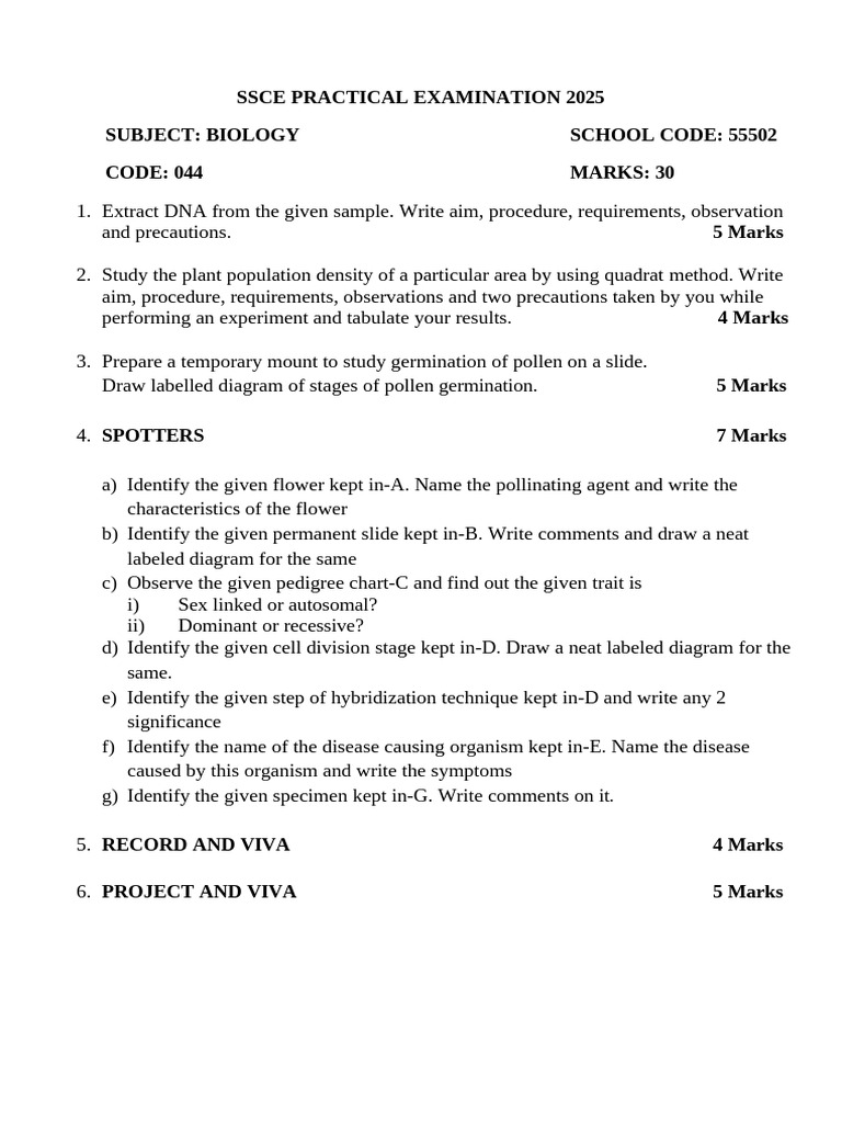 Biology Practical Question Paper 2025-26 | PDF