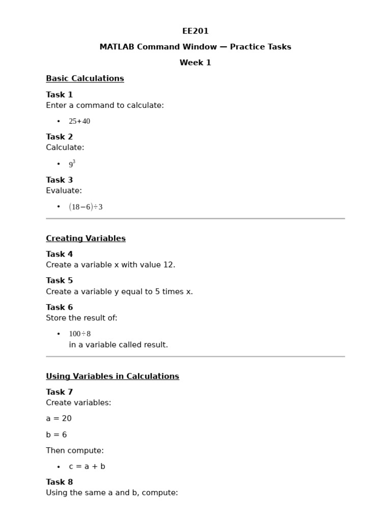 EE201 Week1 Practice Tasks | PDF