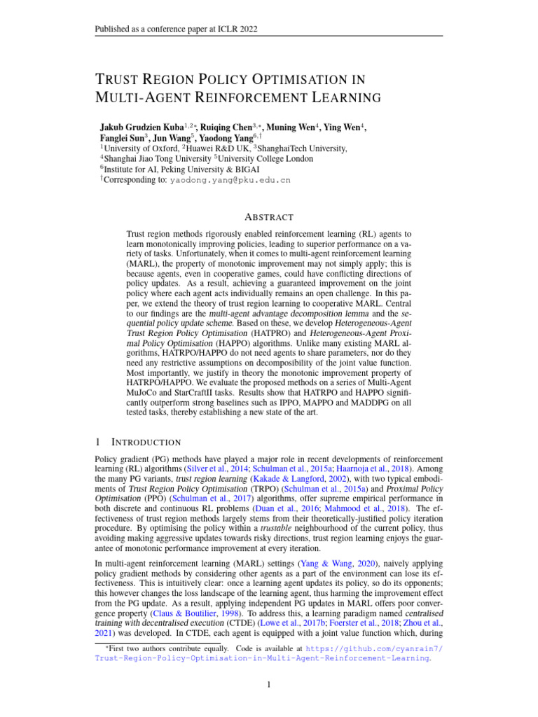 Kuba Et Al. - 2022 - Trust Region Policy Optimisation in Multi-Agent ...