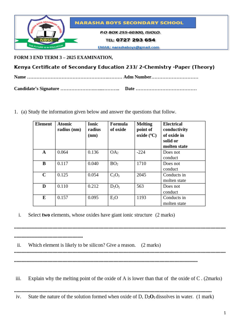 Form 3 CHEM End Term 3 Paper 2 | PDF | Nitric Acid | Chemical Substances