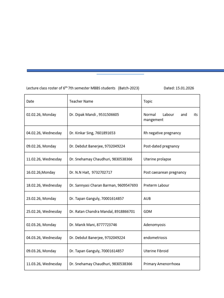 6th 7th Sem Mbbs Lecture Class Roster Feb March 2026 | PDF