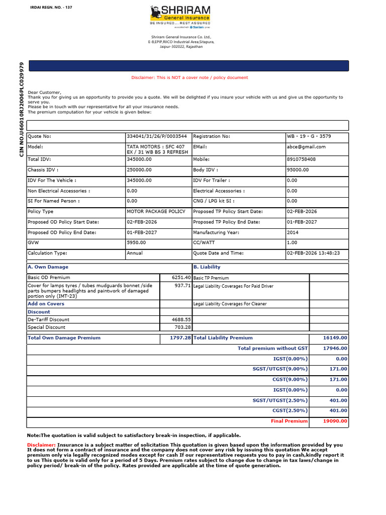 MotorNewQuotation28265618_20260202_134904 | PDF | Insurance | Vehicles