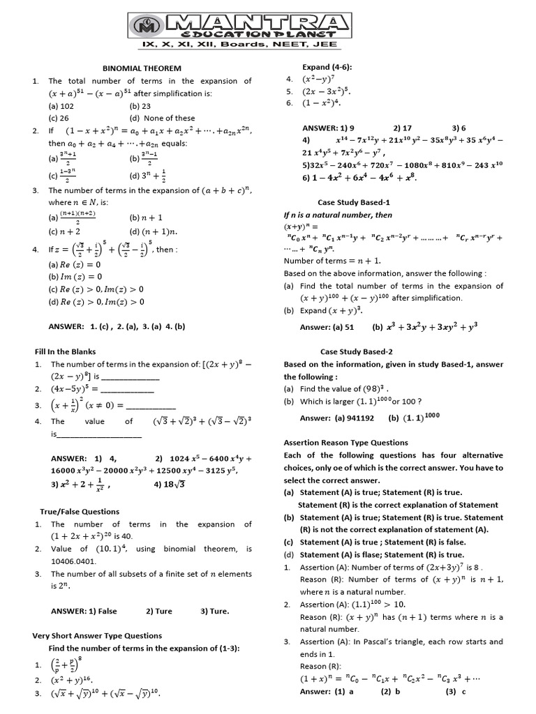 Binomial Theorem Practice Paper | PDF | Mathematics | Mathematical Concepts
