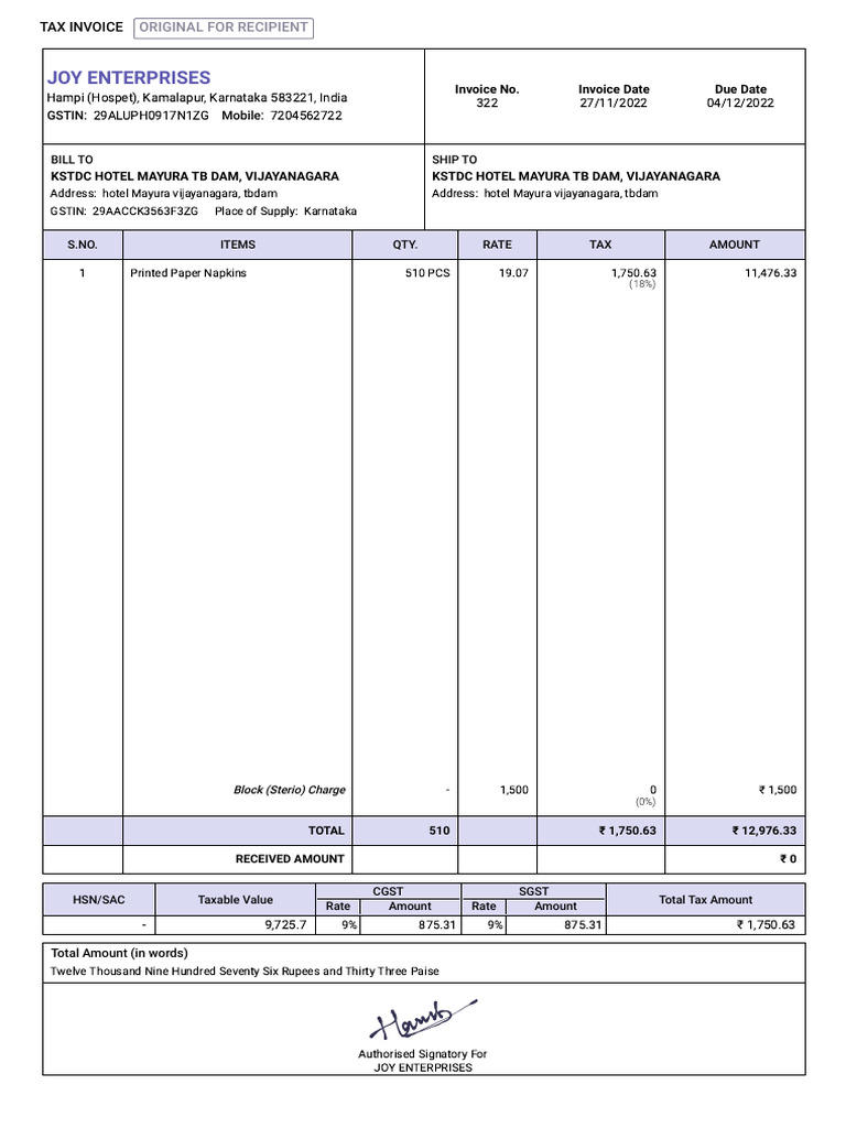 322-Sales_invoice-KSTDC Hotel Mayura TB Dam, Vijayanagara | PDF