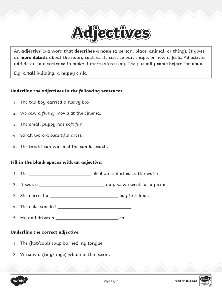 Word Skills – Adjectives Activity Sheet B&W | PDF | Adjective | Linguistics
