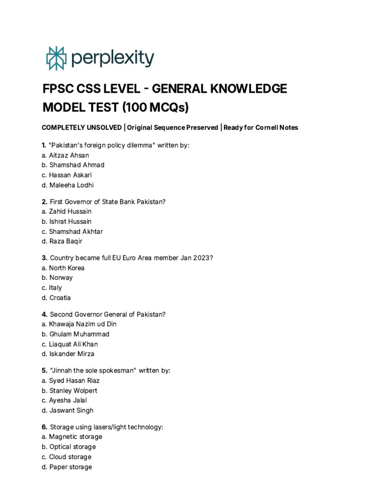FPSC Css Level - General Knowledge Model Test (1 | PDF | Carbon