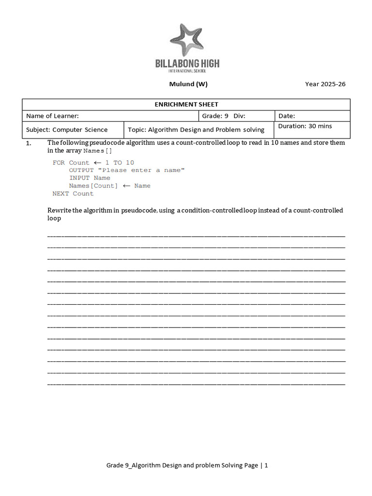 CS Algorithm WKSHT | PDF | Algorithms | Mathematical Logic