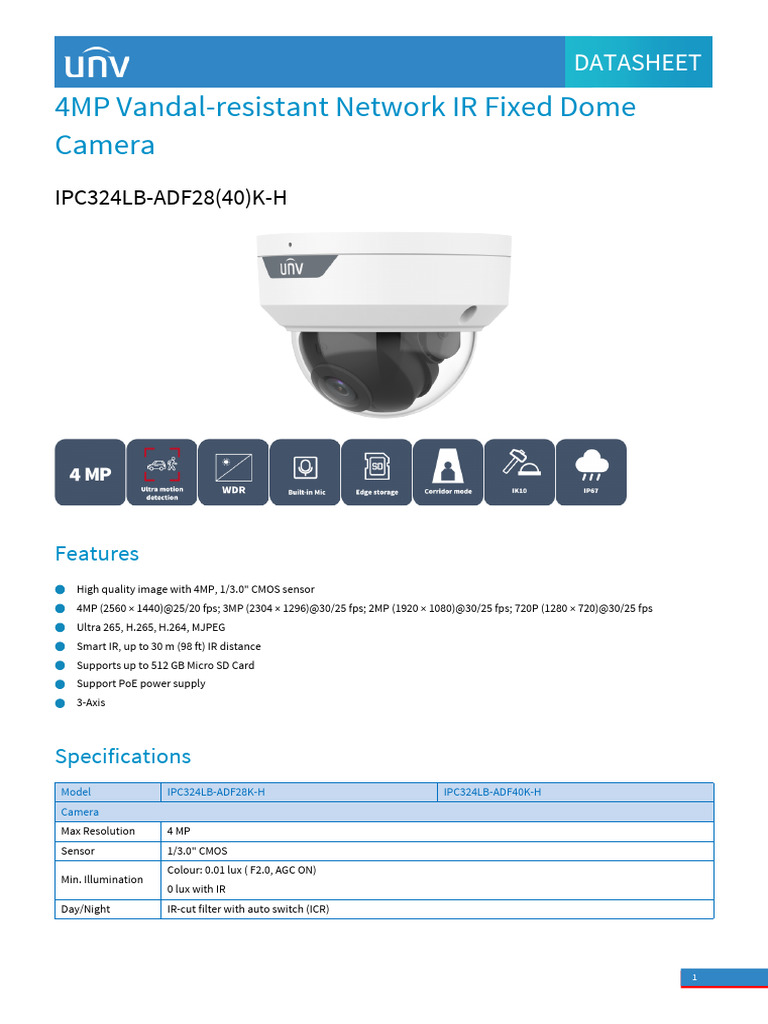 4MP Vandal-Resistant Network IR Fixed Dome Camera | PDF | Camera Lens ...