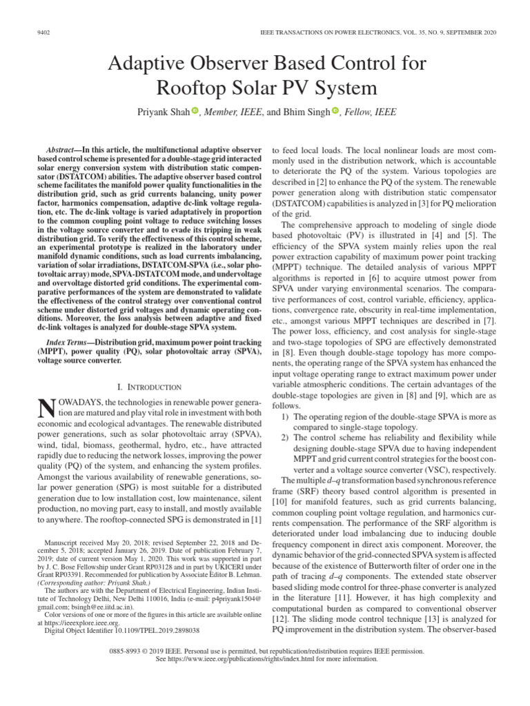 Adaptive Observer Based Control For Rooftop Solar PV System | PDF ...