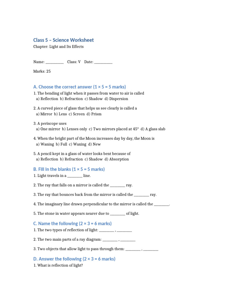 Class 5 Science Worksheet Light | PDF