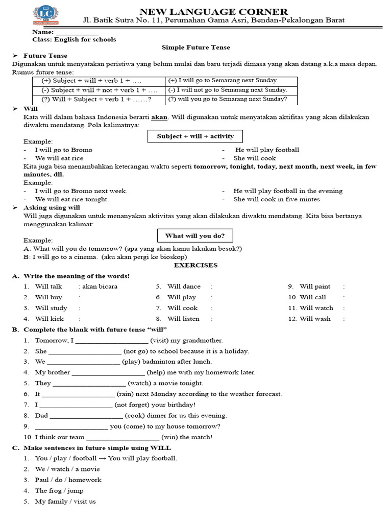 School - Simple Future Tense | PDF
