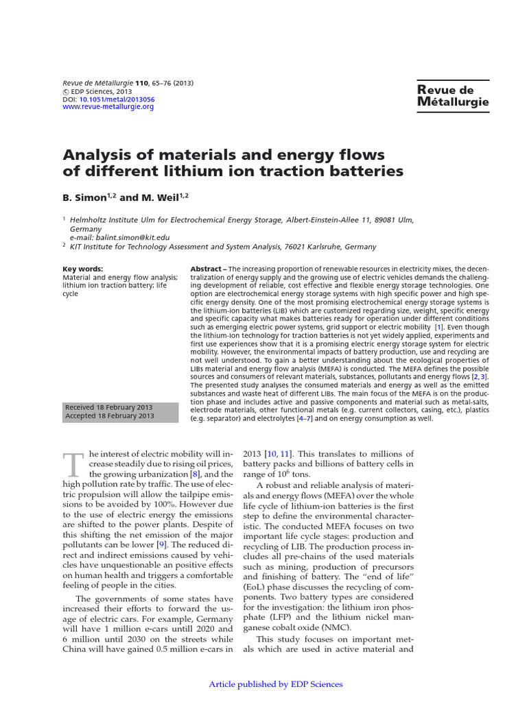 Analysis of Materials and Energy Flows of Different Lithium Ion ...