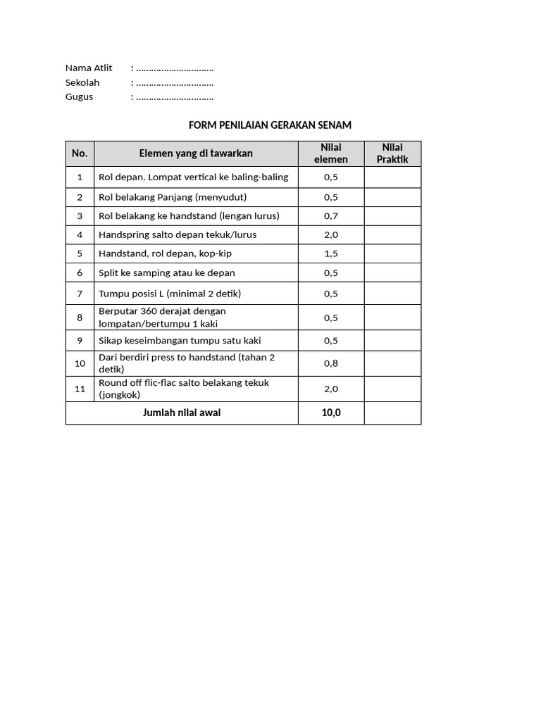 Form Penilaian O2sn Senam | PDF