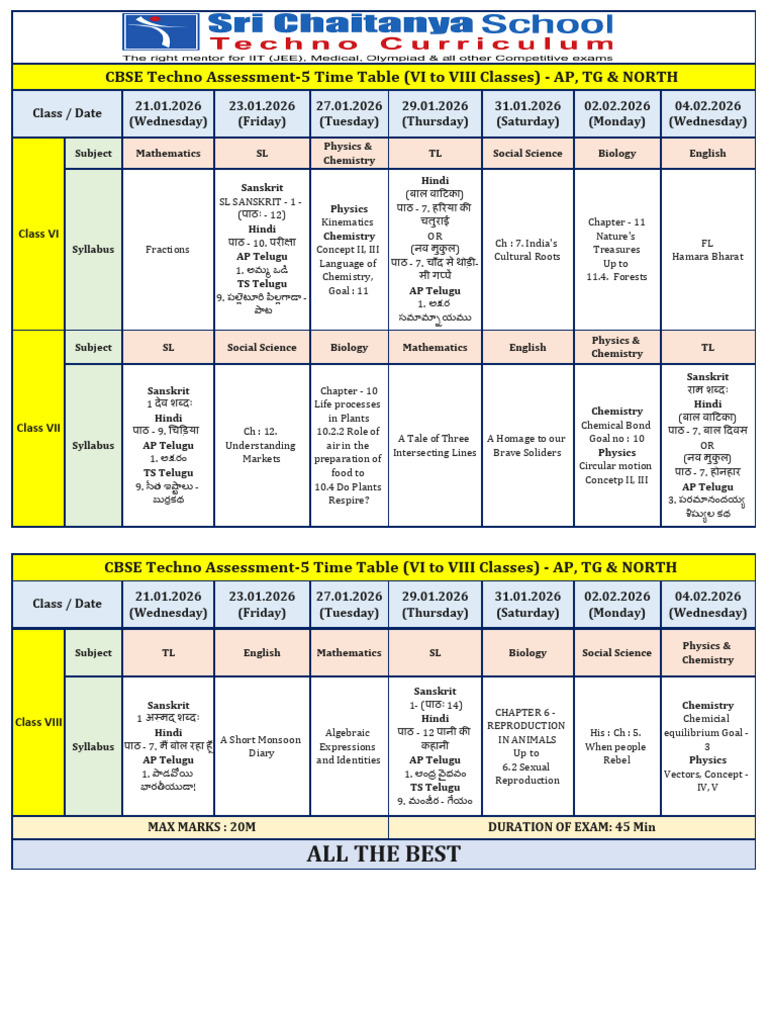 CBSE Techno Assessment- 5 Time Table (VI to VIII Classes) - AP, TG ...