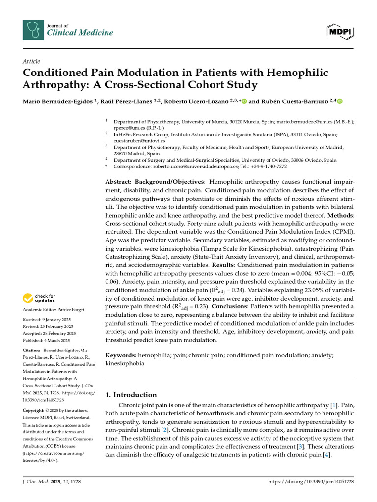 Journal of Clinical Medicine. Conditioned Pain Modulation | PDF | Pain ...