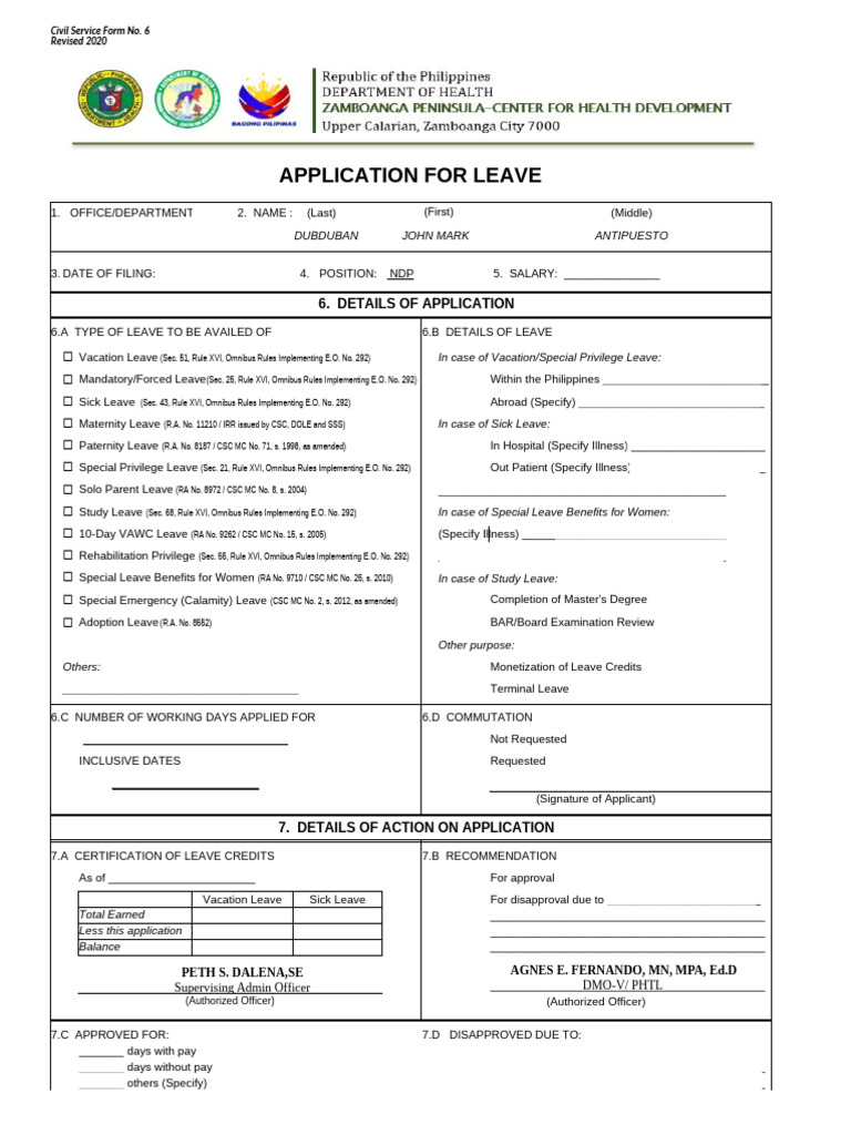 Application For Leave New Logo DOH JUAN MARCO | PDF