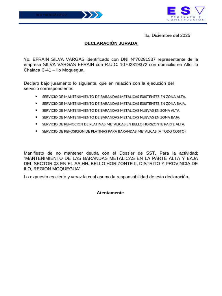 Declaracion Jurada de No Adeudo Dossier SST | PDF