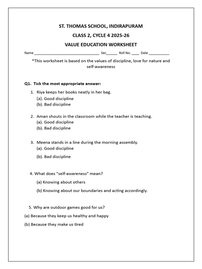 Class 2 Value Education Cycle 4 Worksheet | PDF