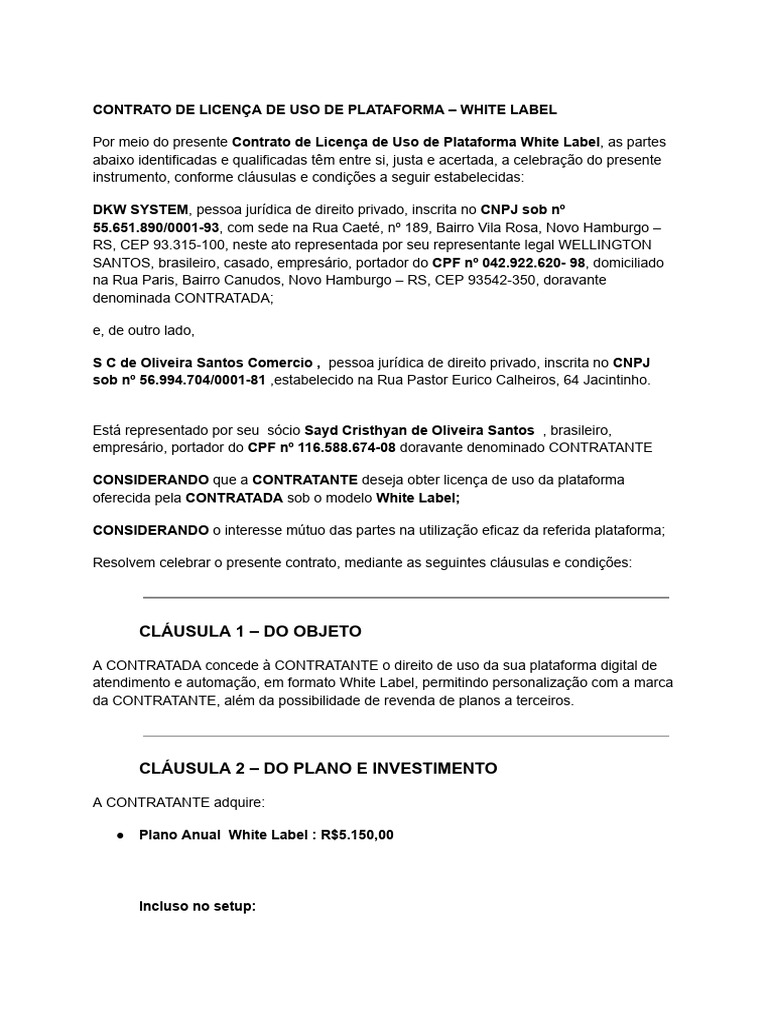Modelo Contrato White Label - Sayd Cristhyan de Oliveira Santos | PDF