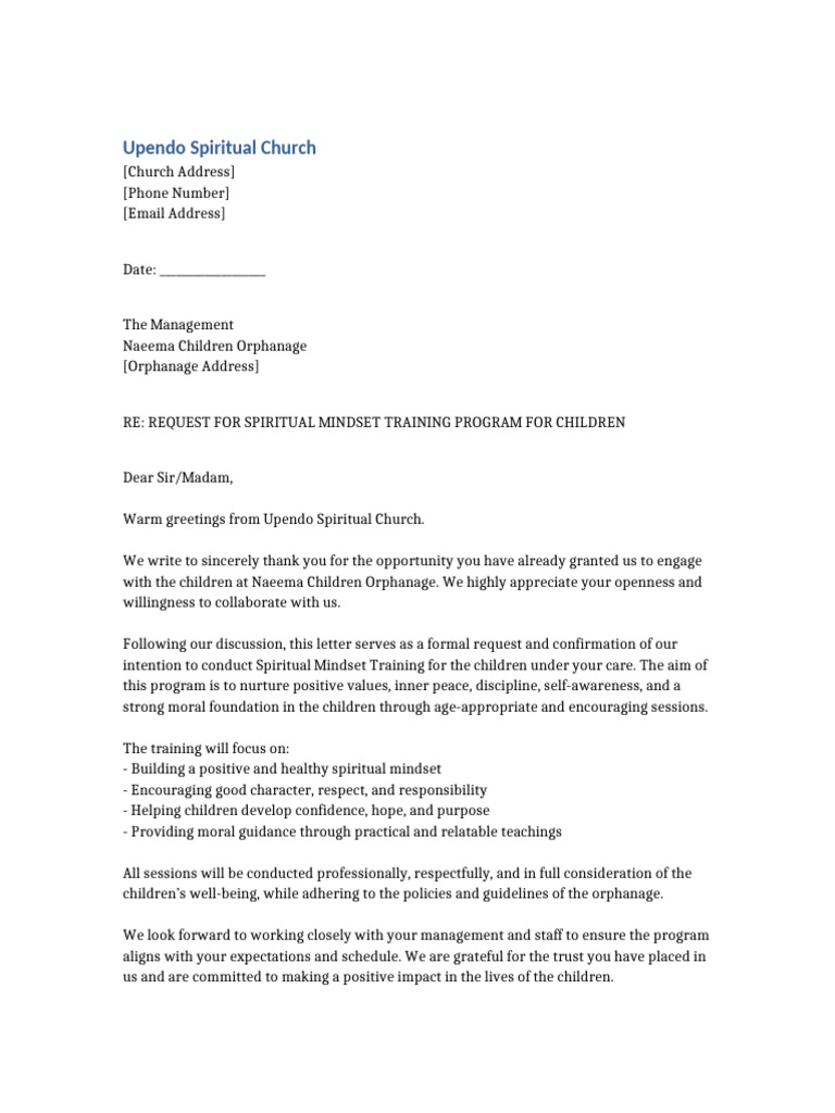 Upendo Spiritual Church Naeema Orphanage Letter | PDF