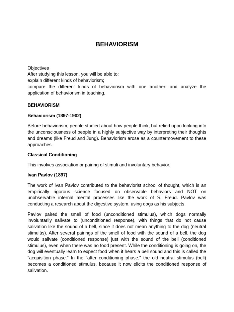 Behaviorism Handouts (1) | PDF | Classical Conditioning | Reinforcement