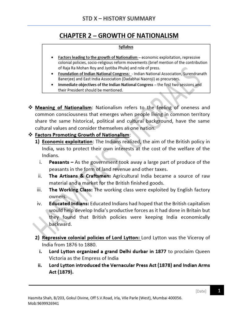 Chap 2 - Growth of Nationalism | PDF | Indian National Congress