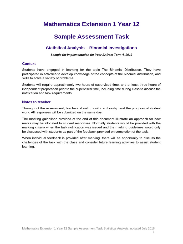 Mathematics Extension 1 Year 12 Sample Assessment Task Statistical ...