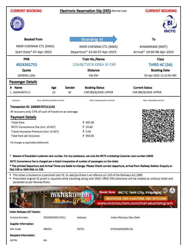 Chennai Train Tkt | PDF | Identity Document | Payments