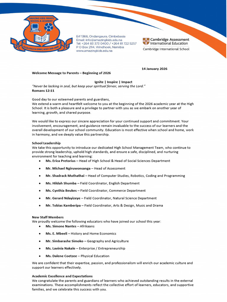 Welcome Message To Parents 2026 | PDF