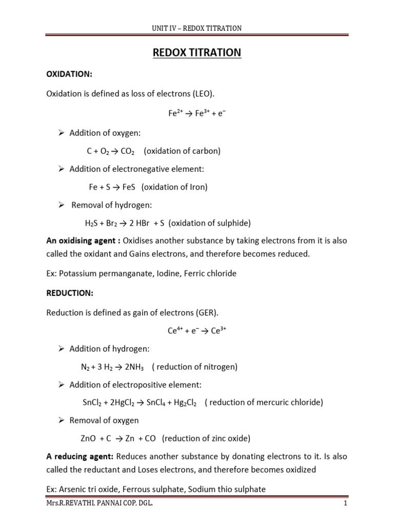Unit 4 - Redox Titration | PDF | Redox | Titration