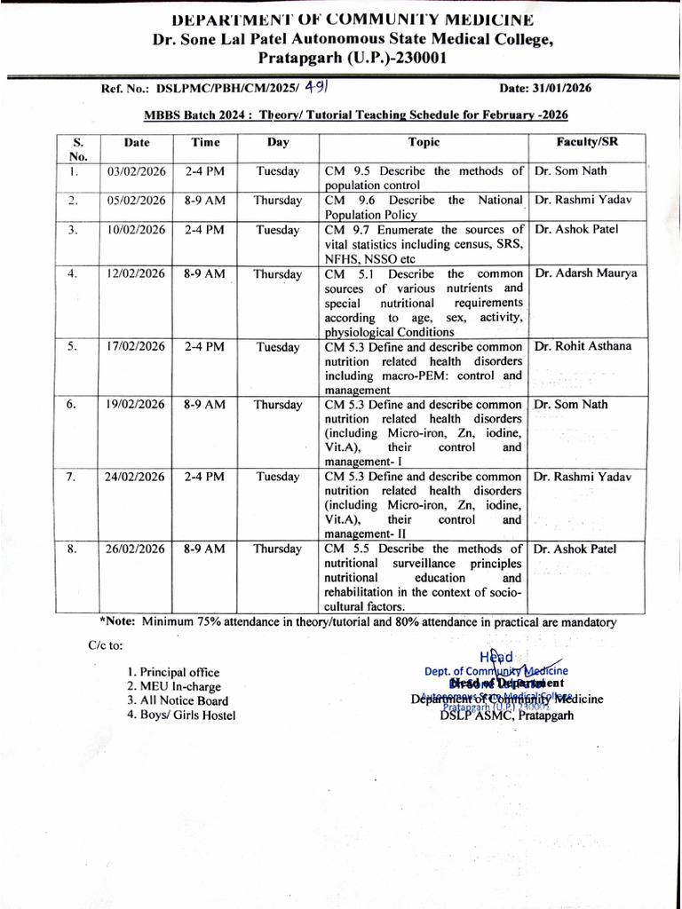 Mbbs Batch - 2024 Theory Teaching Schedule For Feb - 2026 | PDF