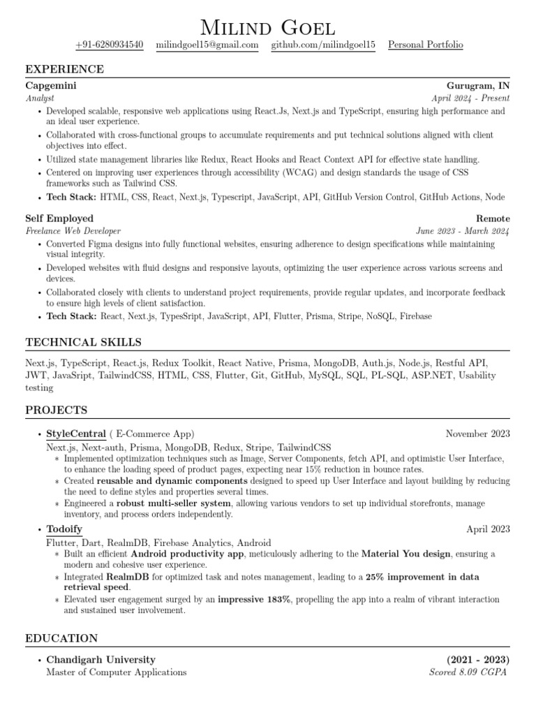 Milind Goel Resume | PDF | Java Script | Information Technology