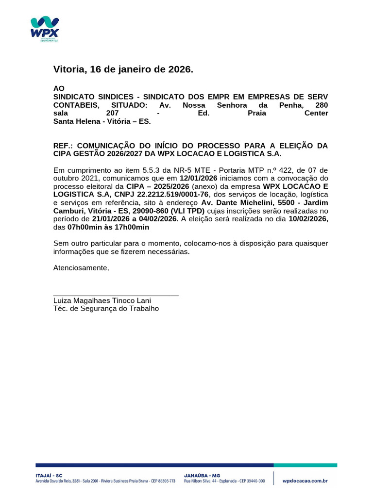 Carta Sindicato Inicio Processo Eleitoral | PDF